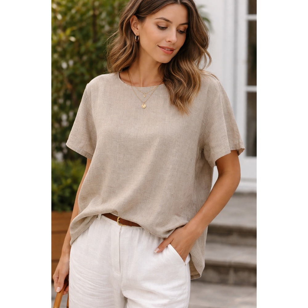 Vintage Saint Germain Paris Top Beige Sz L Women's Short Sleeve Flowy‎ Linen vtg